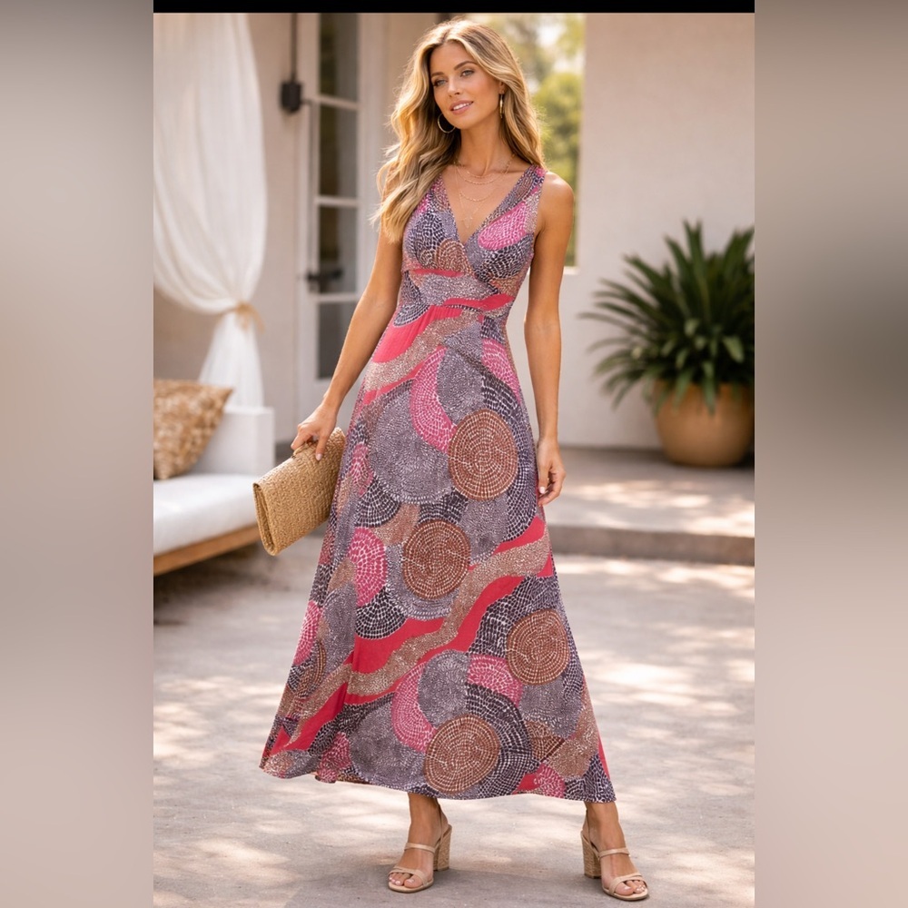 BodenAbstract Print Maxi Dress Red Navy Brown Size 12